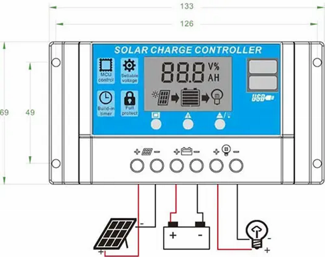 Контролер заряду сонячних панелей 10А 12/24В РК-дисплей USB/ШІМ-контролер PWM (5002423) - фото 2