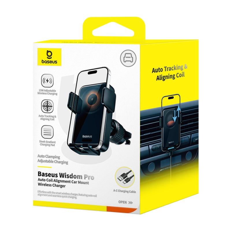 Автодержатель для телефона с БЗП BASEUS Wisdom Pro Auto Coil Alignment Car Mount Wireless Charger Air Outlet Version Cosmic Black