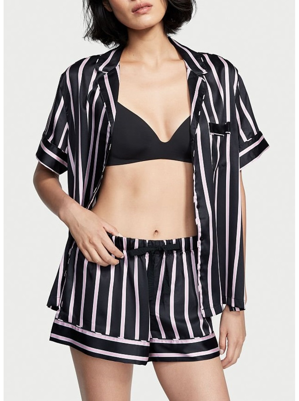 Піжама жіноча Victoria's Secret Satin Short Pajama Set сатинова у смужку М Чорний (15339741)