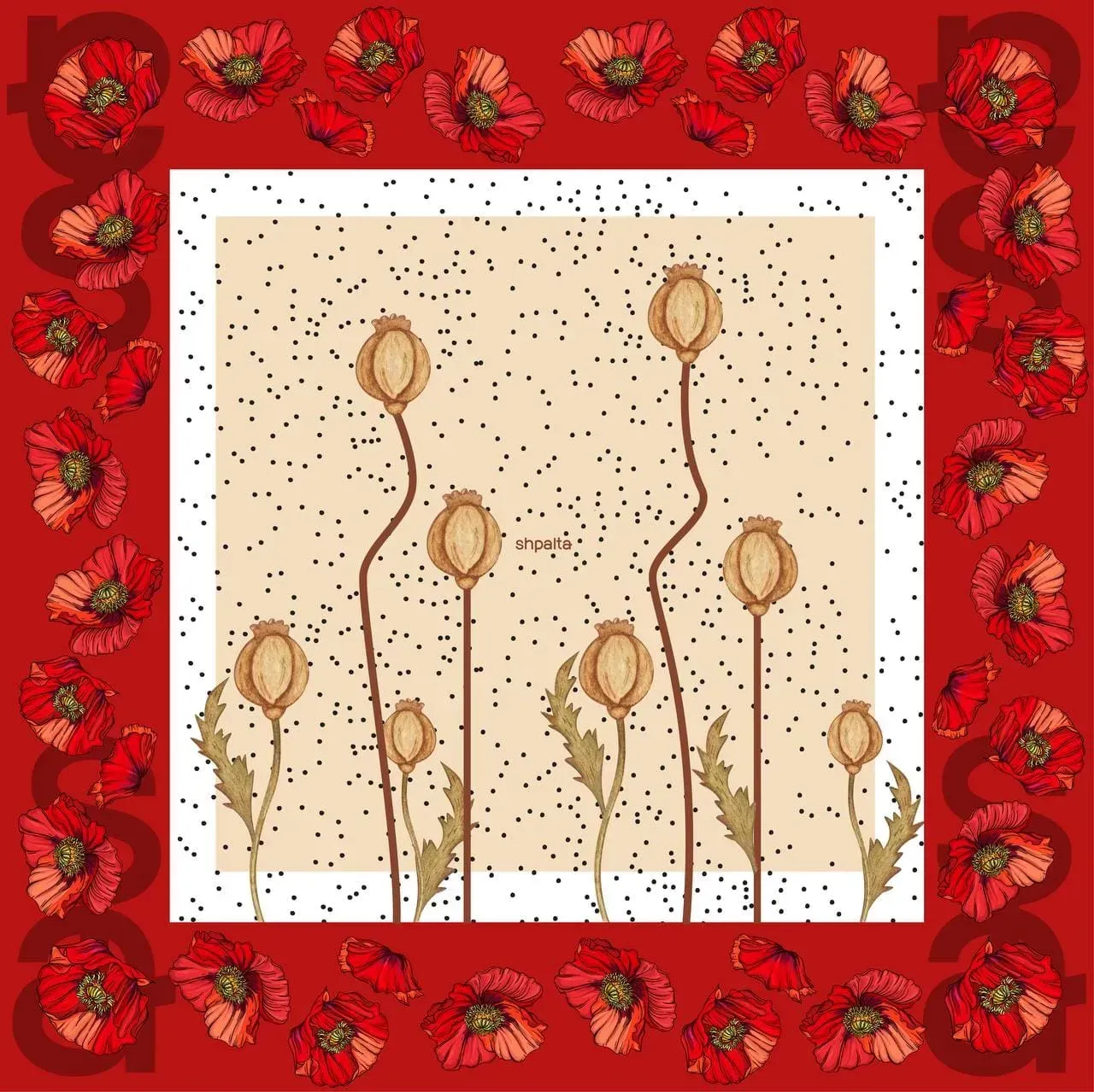 Платок Маки шелковый односторонняя печать 55х55 см Бежево-красный (27557551)