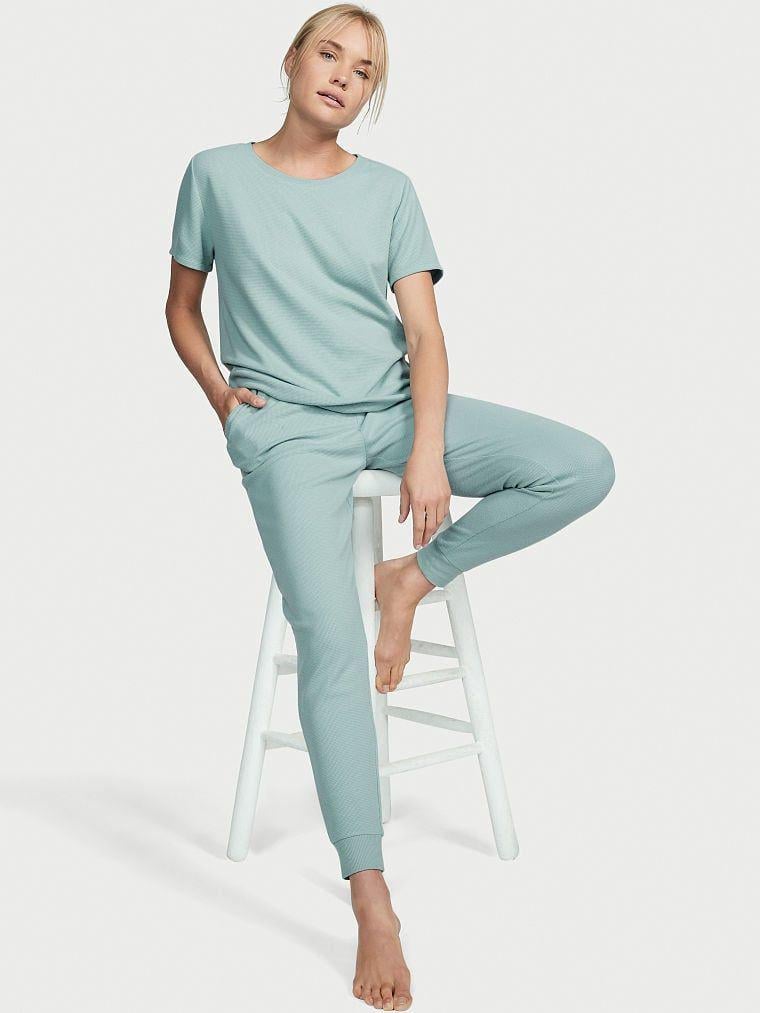 Піжама сорочка/штани бавовна Victoria's Secret Glow Waffle Henley Jogger Set S Зелений (26527815)