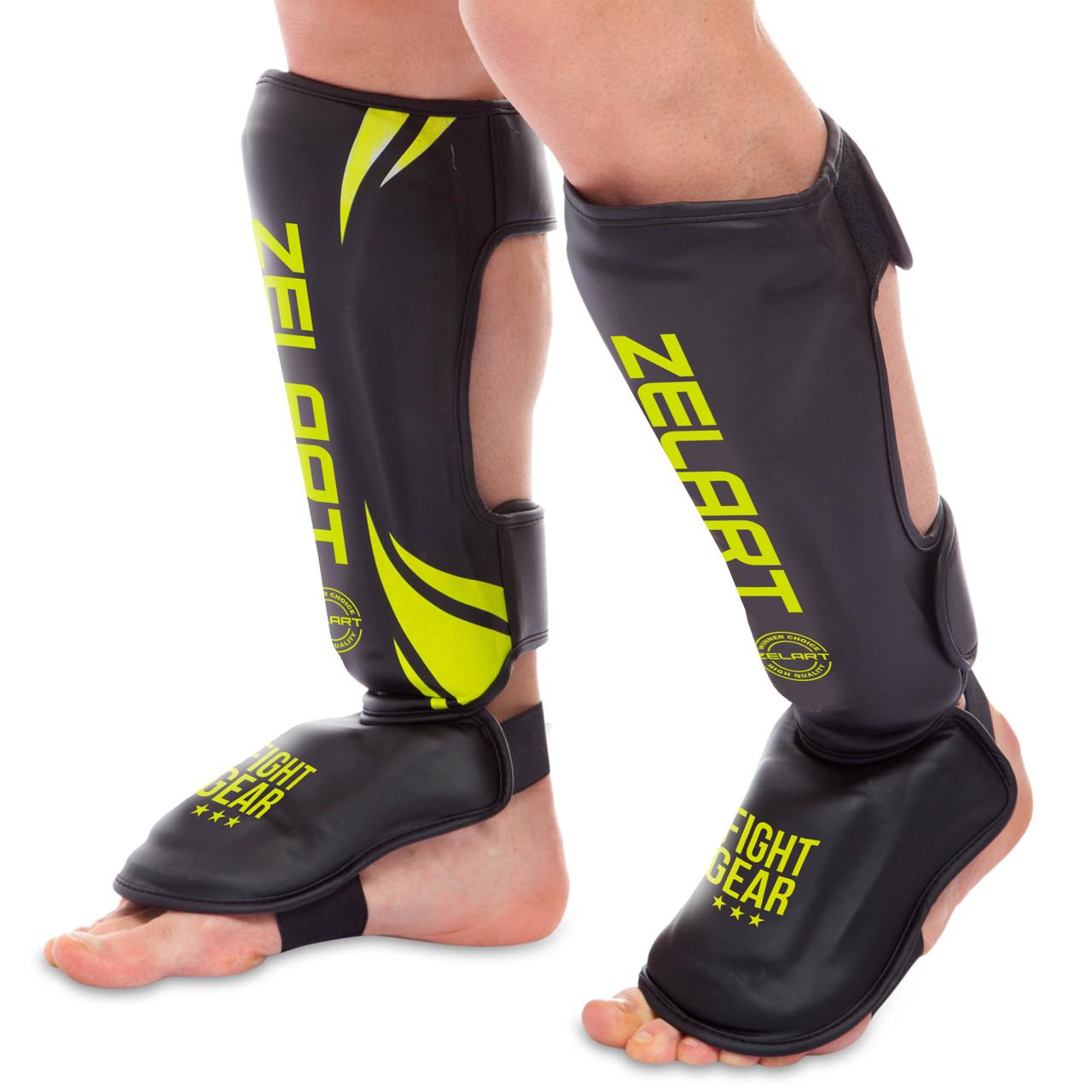 Защита голени и стопы Zelart искусственная кожа S Черно-салатовый (BO-8356)
