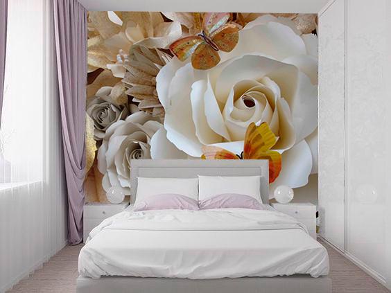 Фотообои 3D флизелиновые цветочные для спальни/зала/кухни Бабочка на розе