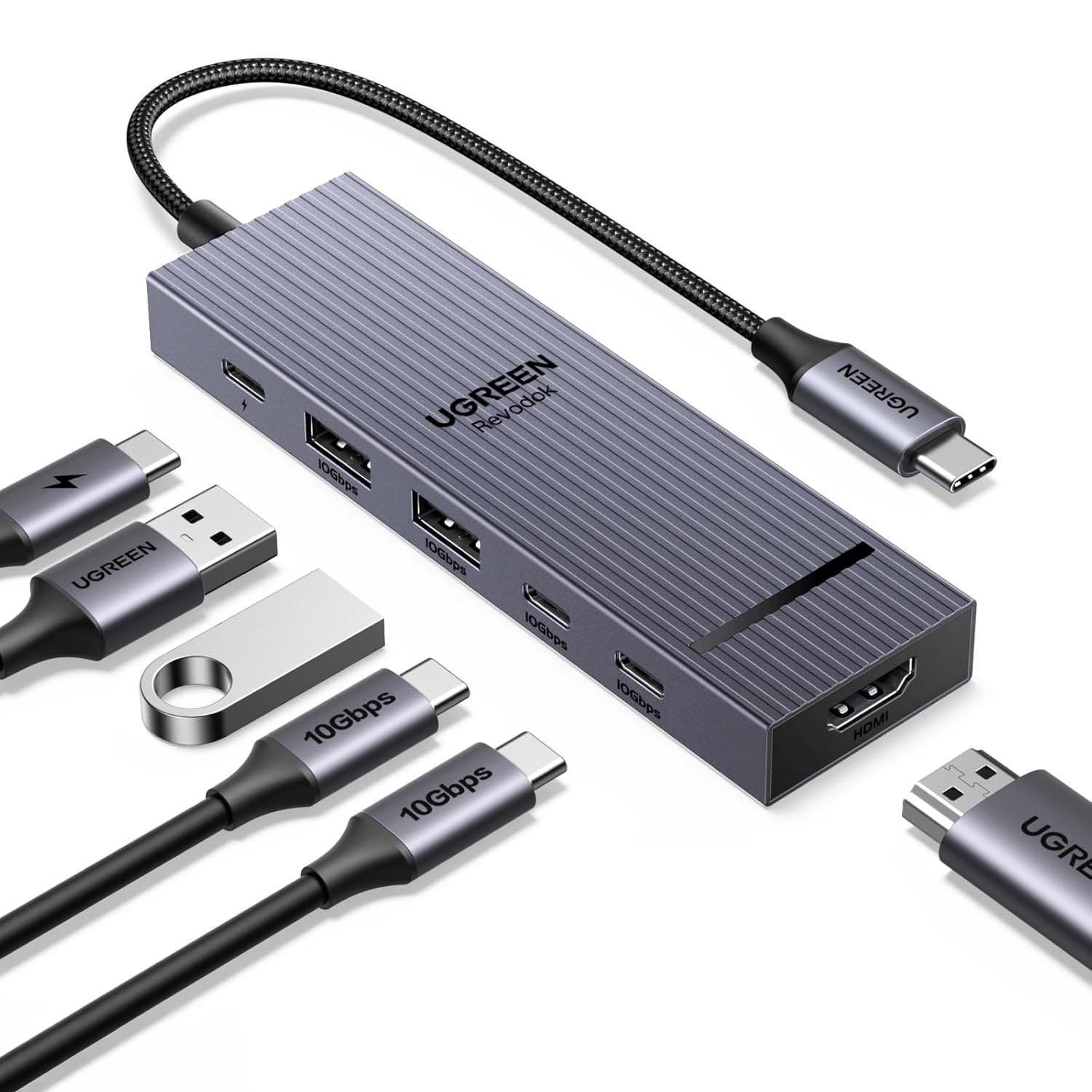 USB-хаб UGREEN 2хUSB-C 3.2 2хUSB-A 3.2 10 Гбіт/с HDMI 4K 60 Гц PD 100 Вт Сірий (45363)