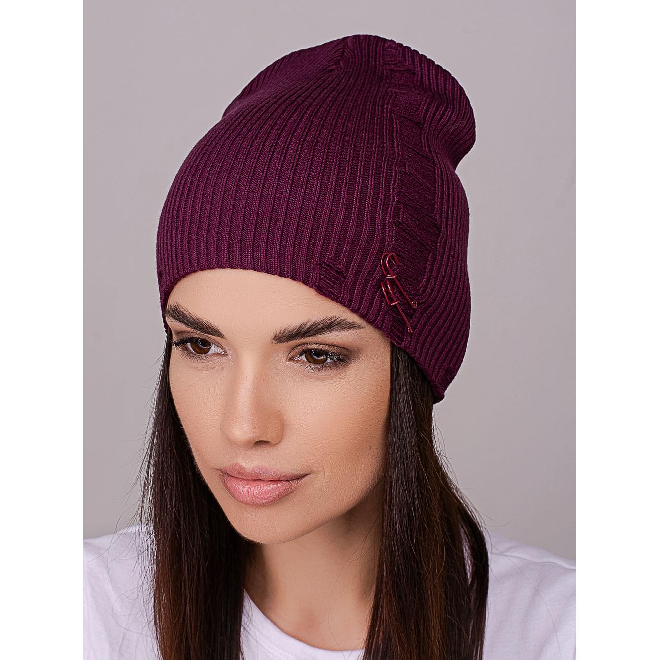 Шапка жіноча Leks ЧИКАГО без відвороту подвійна рвана з шпильками в рубчик one size Баклажановий (239397) - фото 1