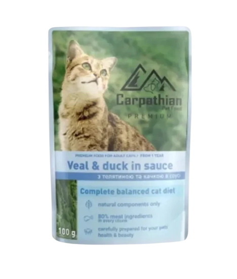 Корм вологий для котів Carpathian Pet Food Veal & duck in sauce з телятиною та качкою в соусі 100 г 24 шт.