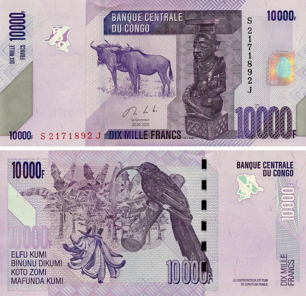 Коллекционная банкнота Демократическая Республика Конго 10000 франков 2020 UNC Антилопы Птицы P103 (Б17928)