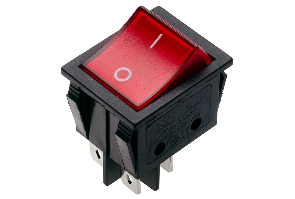 Выключатель клавишный двухпозиционный KCD4 16А 4 pin с красным светодиодом Выключатель клавишный двухпозиционный KCD4 16А 4 pin с красным светодиодом