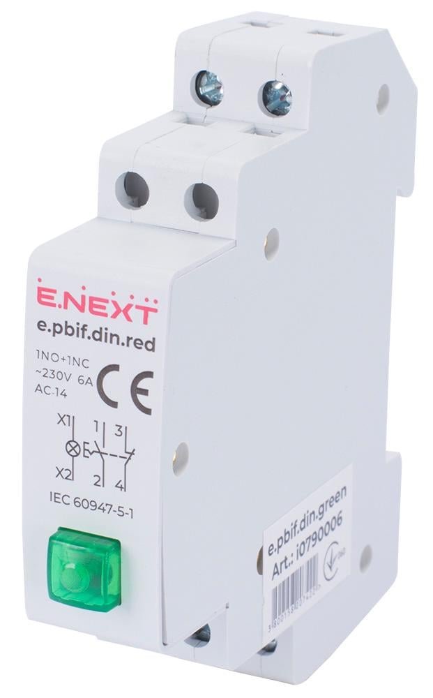 Кнопка на DIN-рейку E.NEXT e.pbif.din.green с индикатором Зеленый (i0790006)