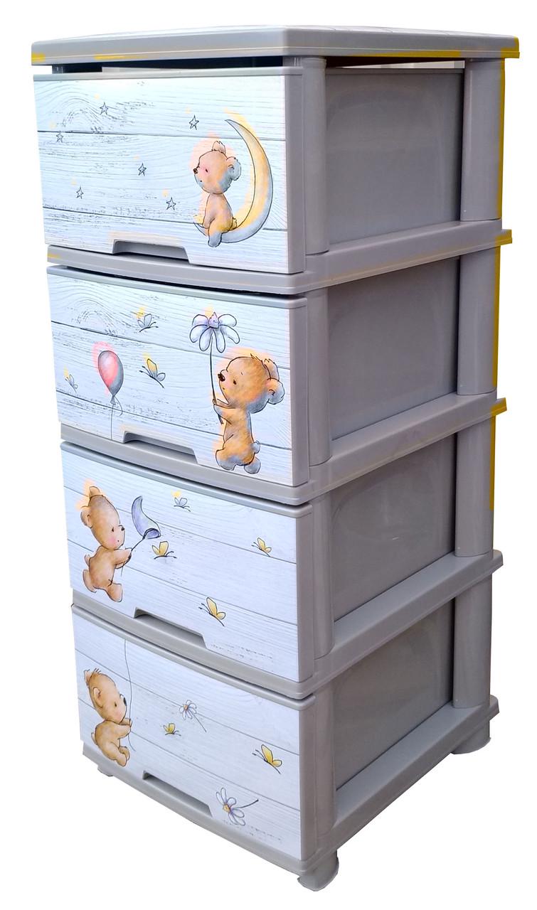 Комод пластиковый 4 ящика 90,5х46,5х39,5 Мишки Серый (472769-Prob)