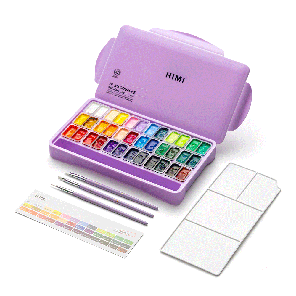 Набір гуашевих фарб HIMI Twin Cup з пензлями 3 шт. та пластиковий пенал 36 од./12 мл (6976939682577)