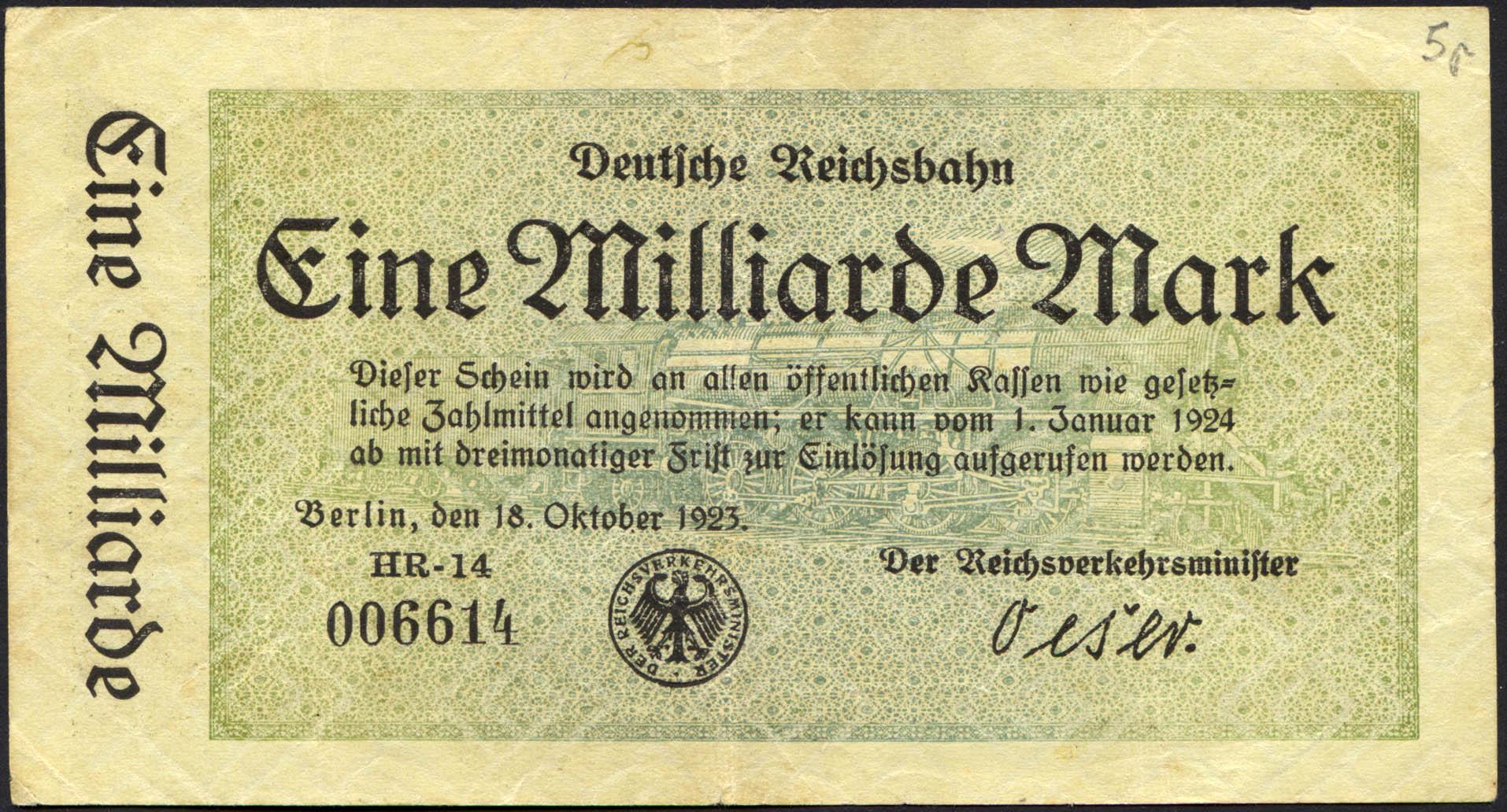 Коллекционная банкнота Германия 1923 год Reichsbahn 1 000 000 000 марок 1 миллиард PS1020 VF