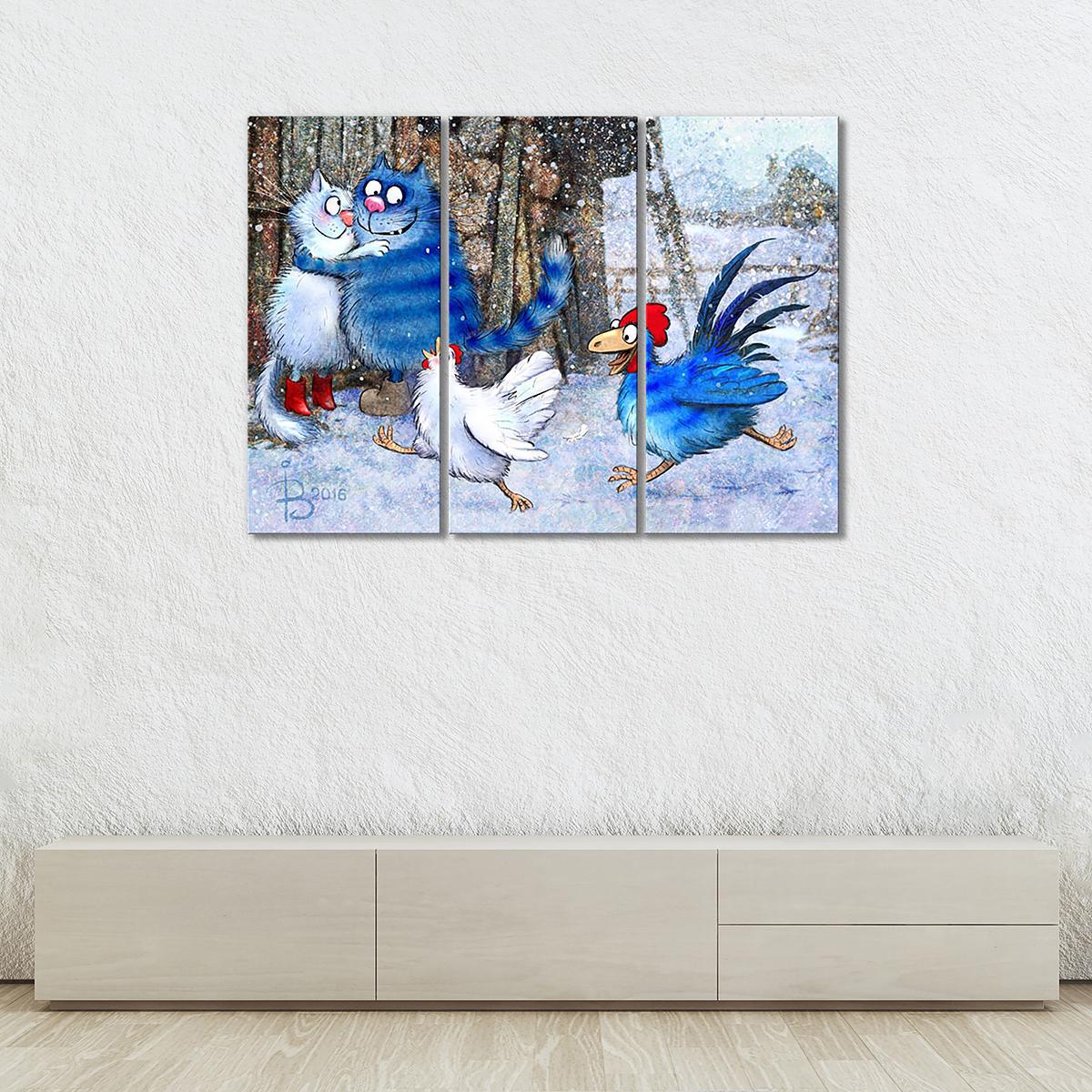 Модульная картина Кот и Петух ухлёстывают за дамами 3 модуля 80x120 см