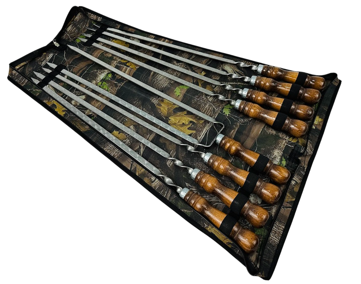 Набор шампуров комбинированный Кизляр 8 предметов для пикника с двойным шампуром из нержавеющей стали в чехле 63 см Коричневый (124-10-NB-2271)