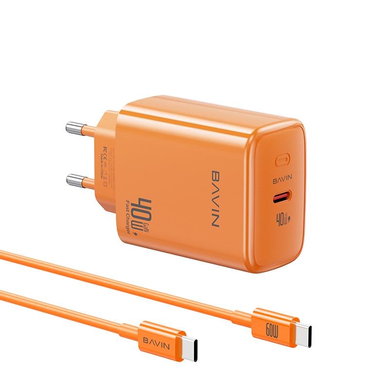 Зарядное устройство BAVIN PC2092Y-СС GaN PD 40W Type-C/кабель Type-C/Type-C 60W Orange (37156250) Зарядное устройство BAVIN PC2092Y-СС GaN PD 40W Type-C/кабель Type-C/Type-C 60W Orange (37156250)