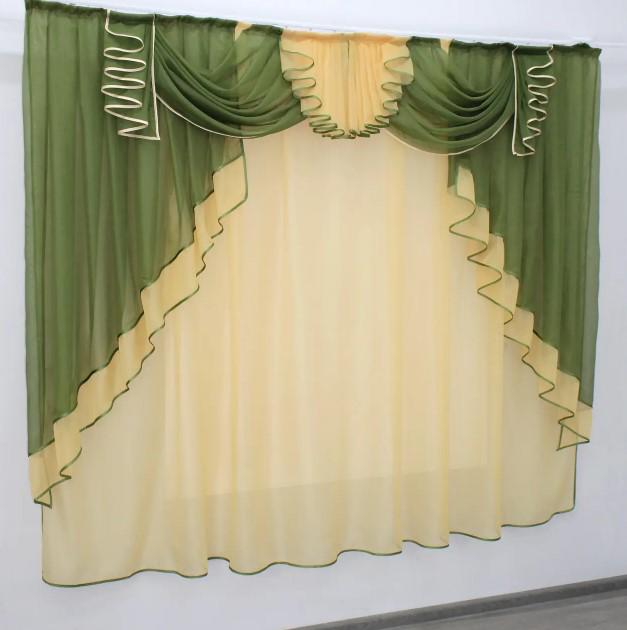 Комплект тюль/ламбрекен на кухню 200х170 см Золотистый/Оливковый (107к) Комплект тюль/ламбрекен на кухню 200х170 см Золотистый/Оливковый (107к)
