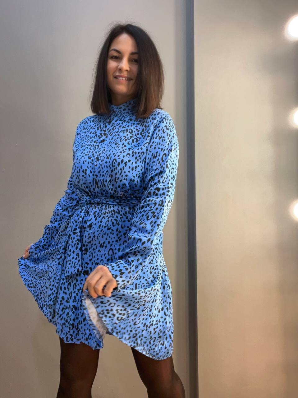 Платье женское MIX RAY 4219 леопардовый принт короткое на пуговицах с поясом S Голубой (1413) - фото 8 Платье женское MIX RAY 4219 леопардовый принт короткое на пуговицах с поясом S Голубой (1413) - фото 8