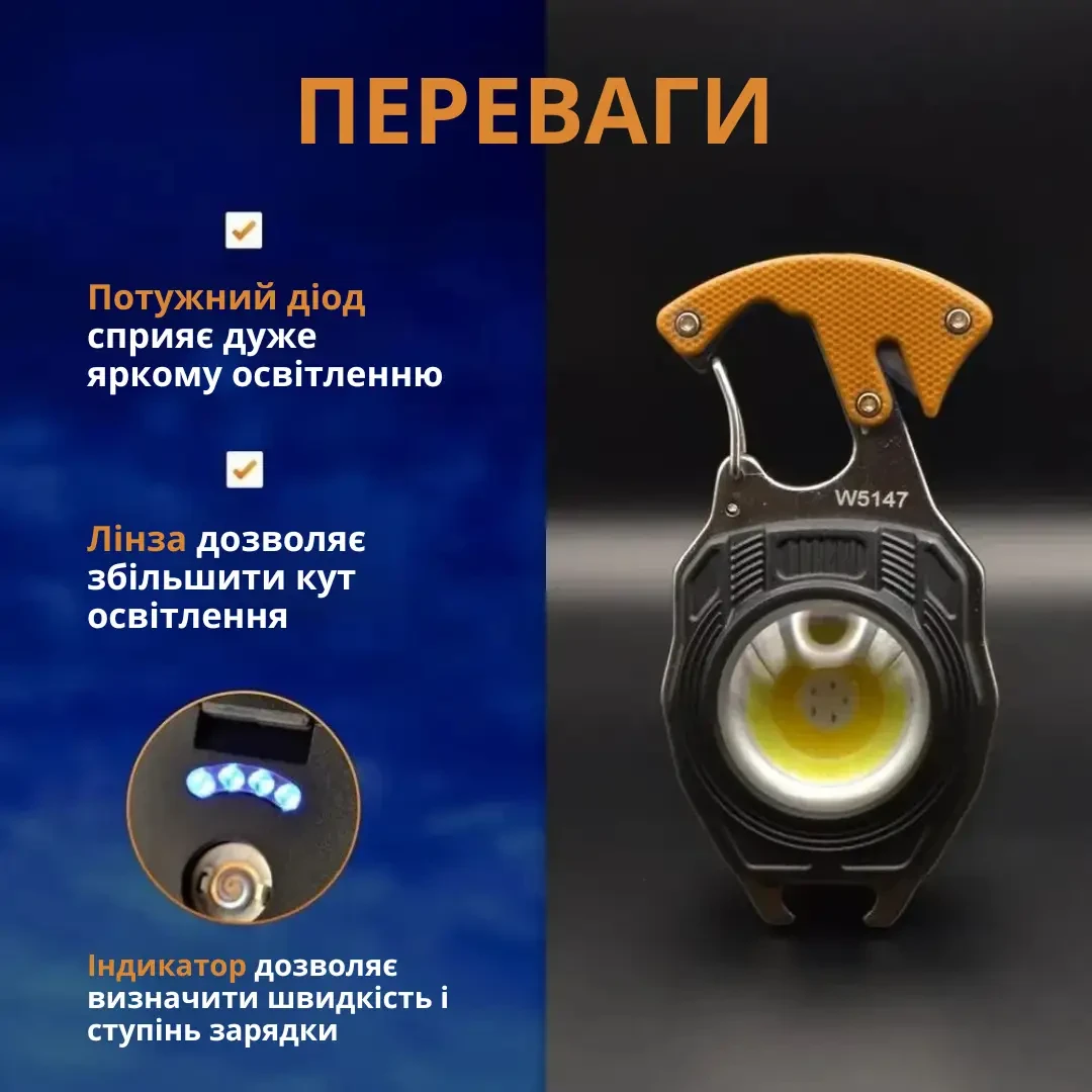 Ліхтарик акумуляторний W5147 LED Type-C 7 режимів/прикурювач/карабін/ніж/магніт - фото 4 Ліхтарик акумуляторний W5147 LED Type-C 7 режимів/прикурювач/карабін/ніж/магніт - фото 4