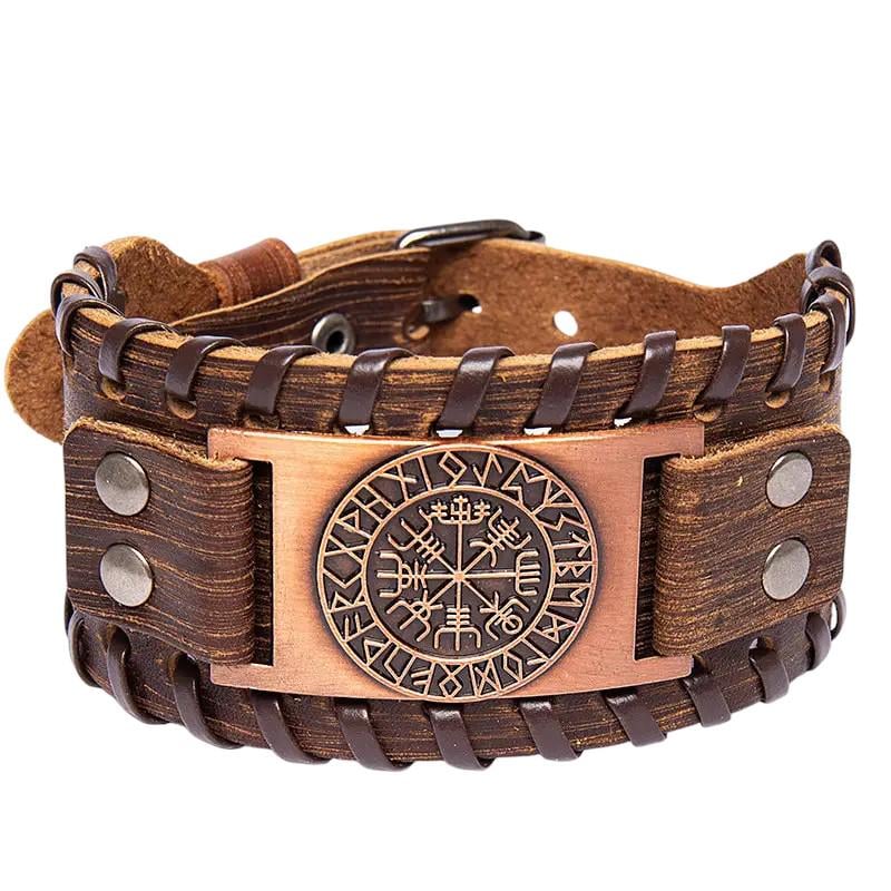 Браслет-талисман кожаный Компас Викингов Вегвизирь (B-01)