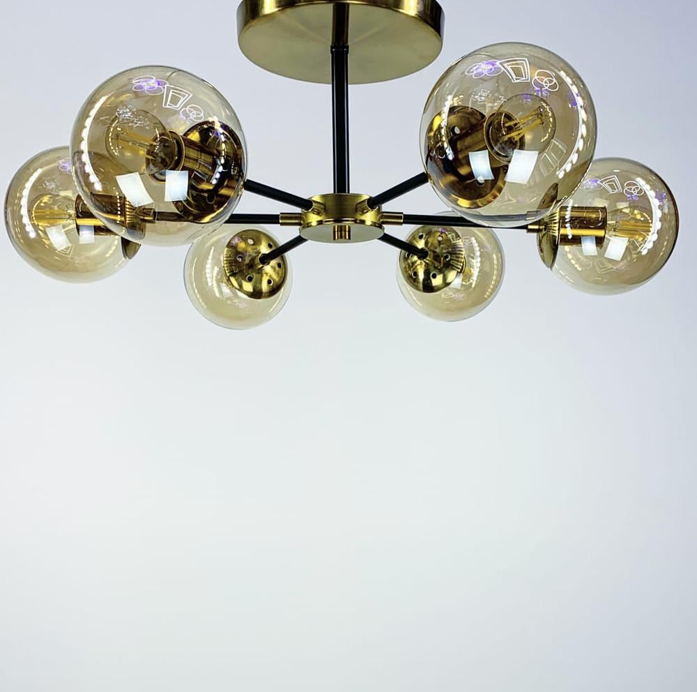 Светильник винтажный потолочный на 6 плафонов Латунь/Черный/Янтарь (J113/6)