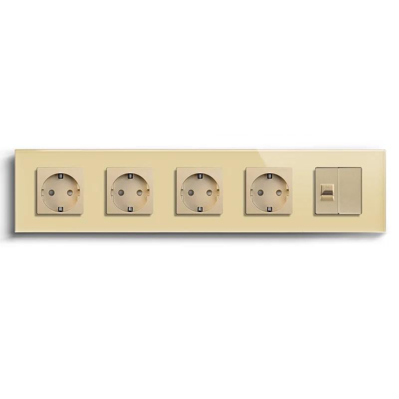 Розетка пятиместная LUXION силовая/интернет RJ-45 настенная стеклянная рамка Золотой (LX-M5FCAT6BLK-GD)