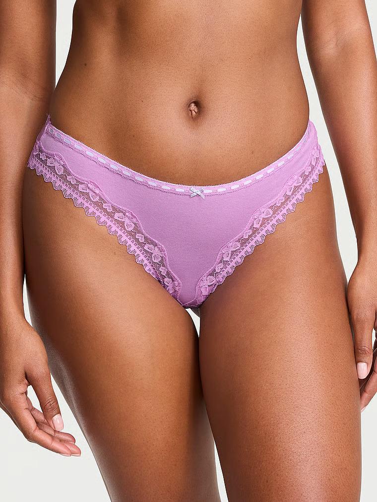 Трусики стринги Victoria's Secret Lace Trim Cotton Bow Lace-Trim Thong Panty M Сиреневый (27184159)