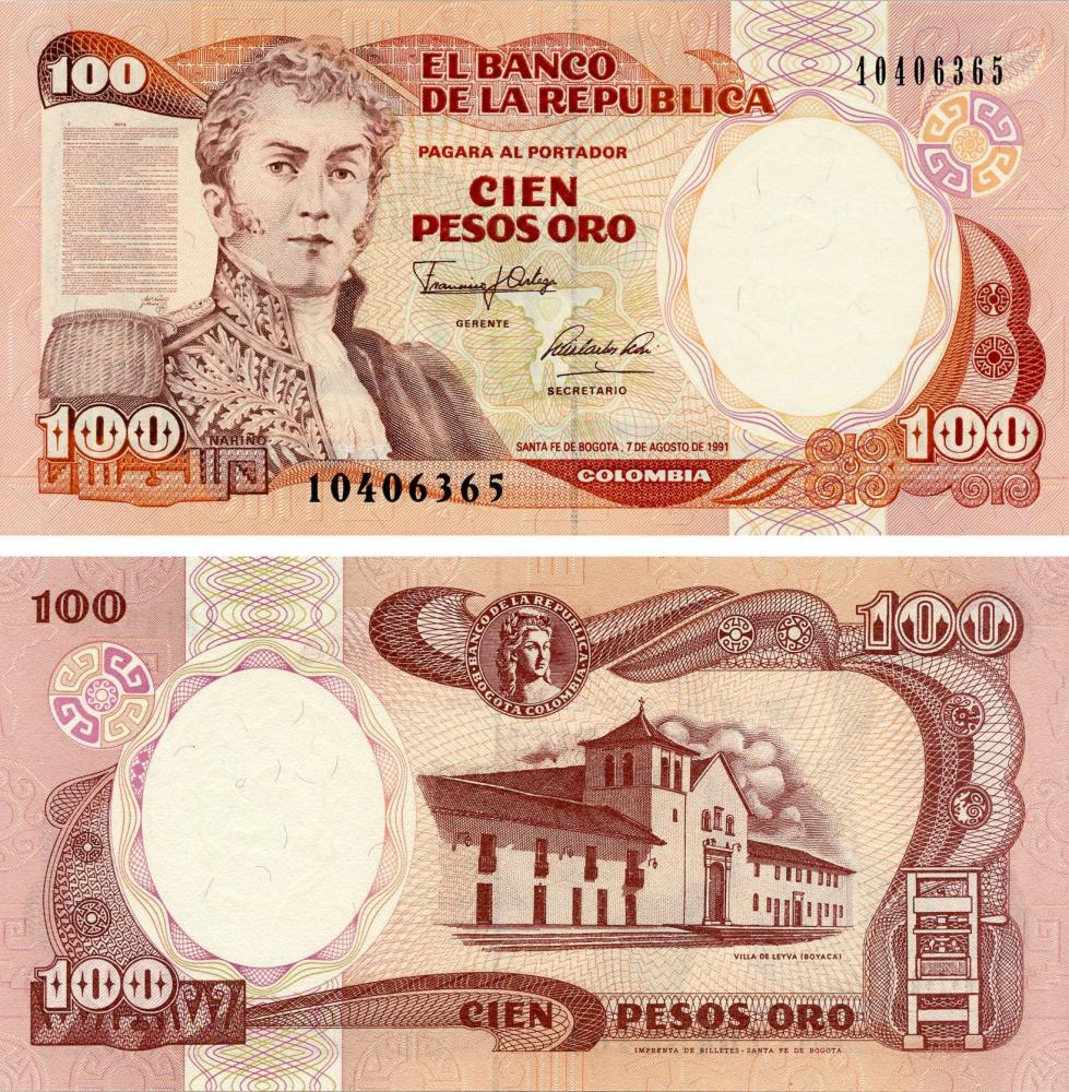 Коллекционная банкнота Колумбия 100 песо оро 1991 UNC P426e (Б05530) Коллекционная банкнота Колумбия 100 песо оро 1991 UNC P426e (Б05530)