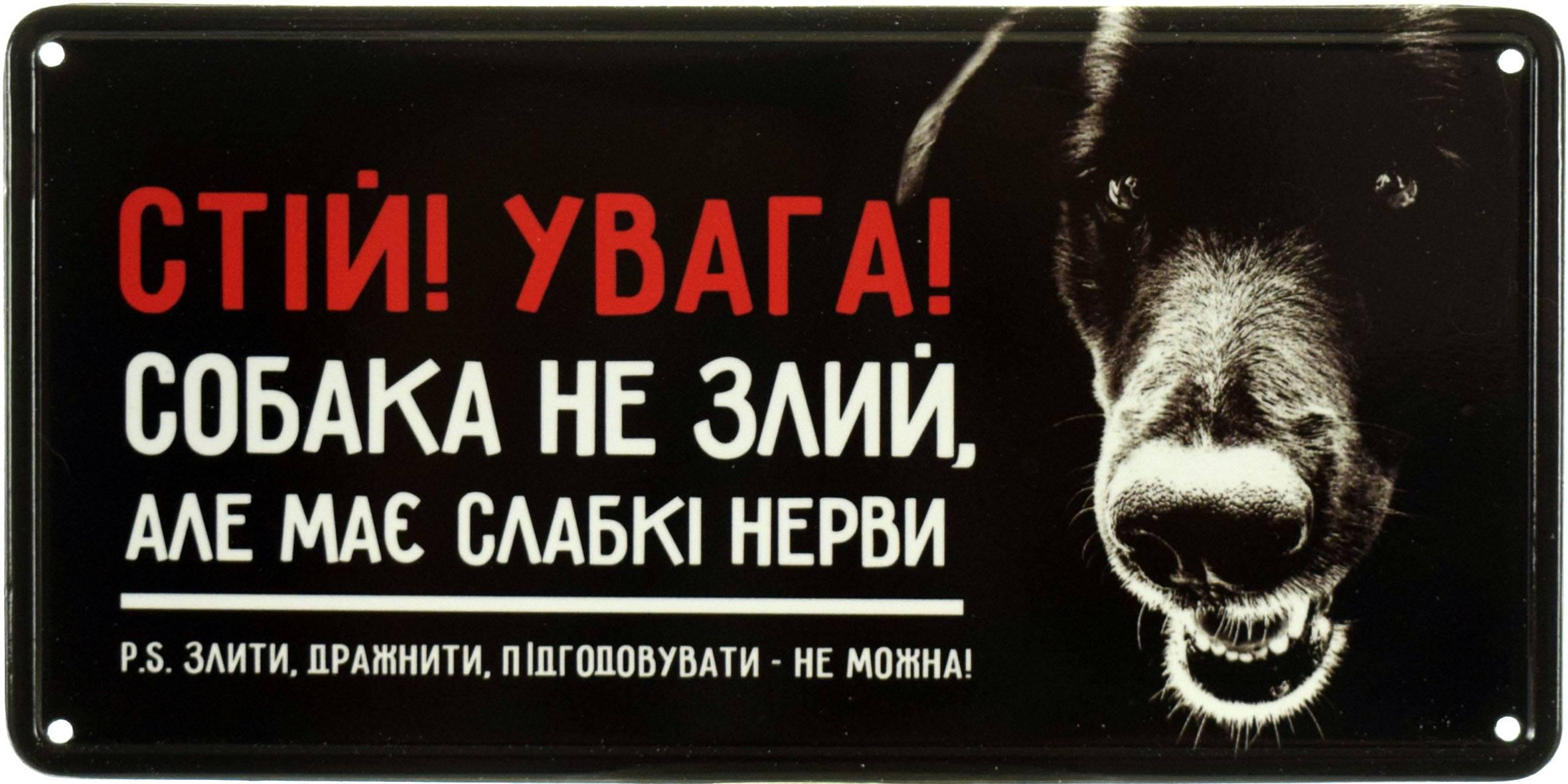 Табличка металлическая "Стій! Увага! Собака Не Злий, Але Має Слабкі Нерви PS Злити, Дражнити, Підгодовувати Не Можна!" 15x30 см Табличка металлическая "Стій! Увага! Собака Не Злий, Але Має Слабкі Нерви PS Злити, Дражнити, Підгодовувати Не Можна!" 15x30 см