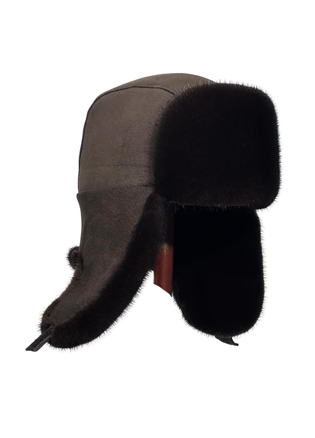 Шапка чоловіча із замшею Меховой стиль Ушанка Вова з натурального хутра норки Темно-коричневий (501/D)