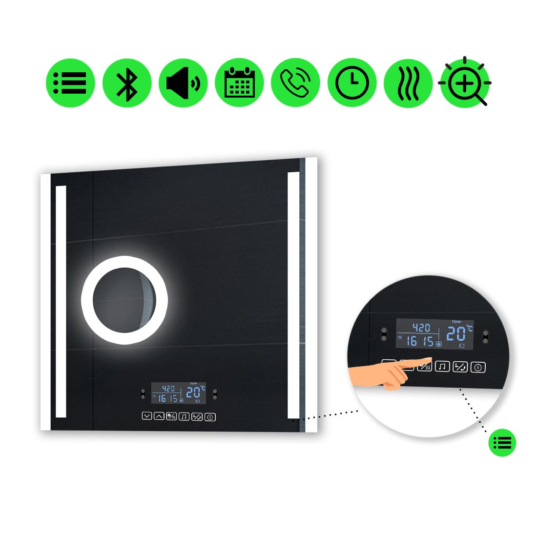 Зеркало с LED подсветкой Mirta с Smart-блоком линзой с подсветкой и подогревом 100x100 см (Mirtak45)