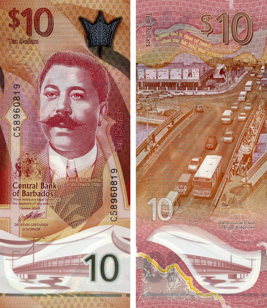 Коллекционная банкнота Барбадос 10 долларов 2024 Полимер UNC (PW82)