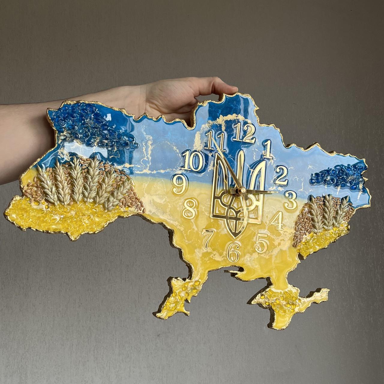 Годинник настінний з епоксидної смоли Карта України 120х76 см