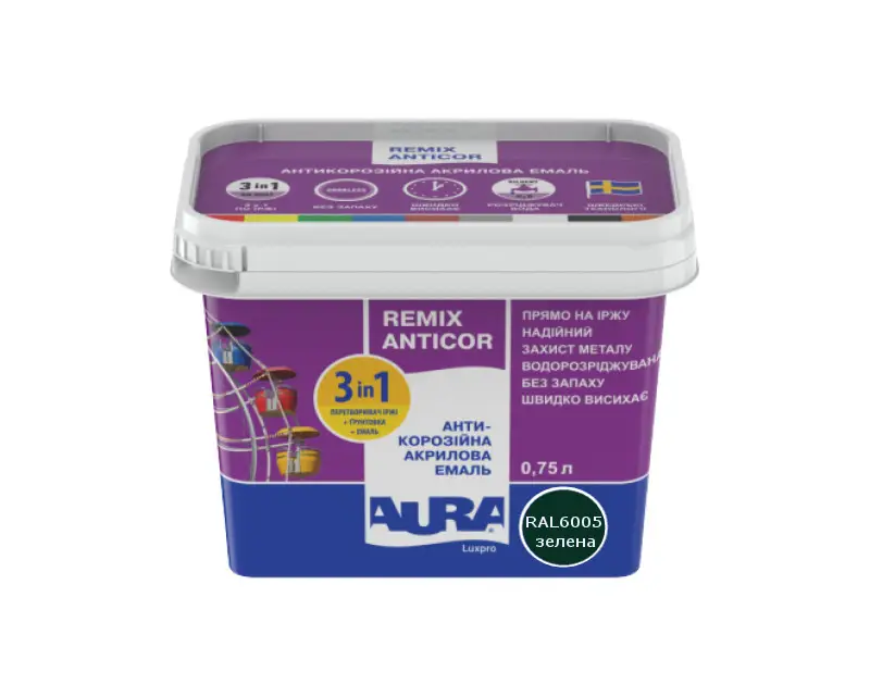 Эмаль-грунт акриловая Aura Lux Pro Remix Anticor 0,75 л RAL 6005 Зеленый (2571449952)