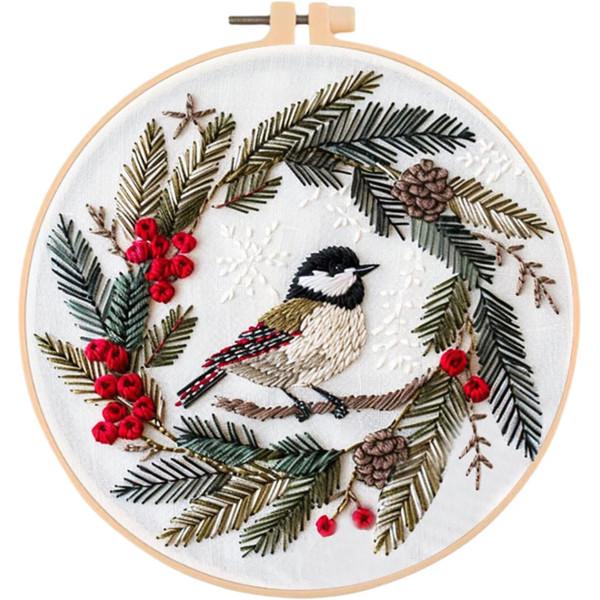 Набор для вышивания с тканью и схемой/пяльцами/нитками/иглами/Синица с еловыми ветками 20 см