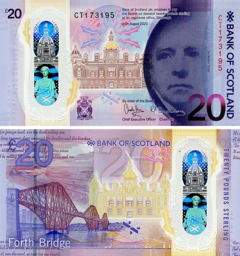 Коллекционная банкнота Шотландия 20 фунтов 2021 Полимер UNC Мост Форт-Бридж Королевский банк Шотландии (P132)