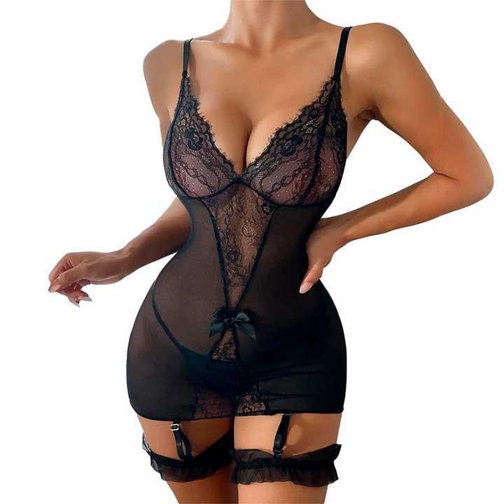 Пеньюар короткий з підв'язками для панчох XS-S Чорний (K1052-1)