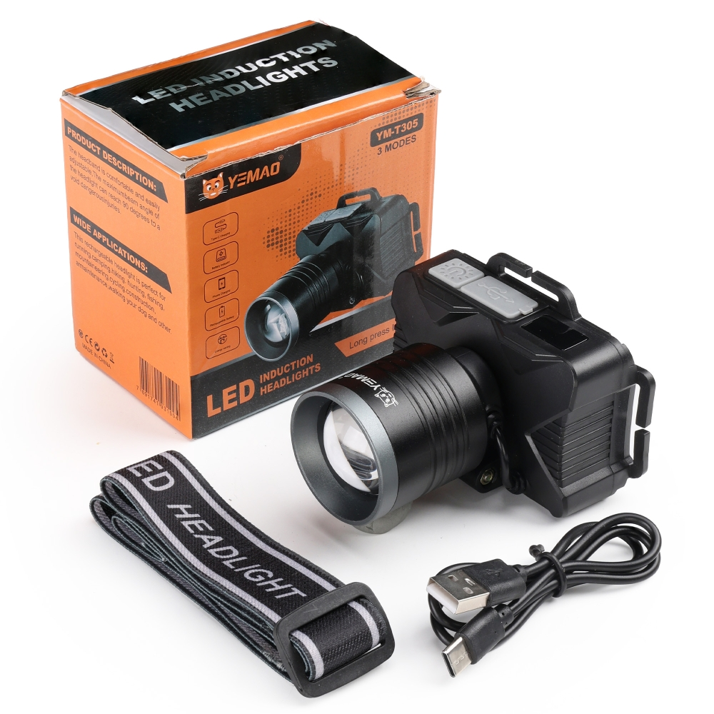 Ліхтар налобний акумуляторний YEMAO YM-T305 TG Motion Sensor Li-Ion ЗУ Type-C zoom 30 Вт Чорний (3193295521)