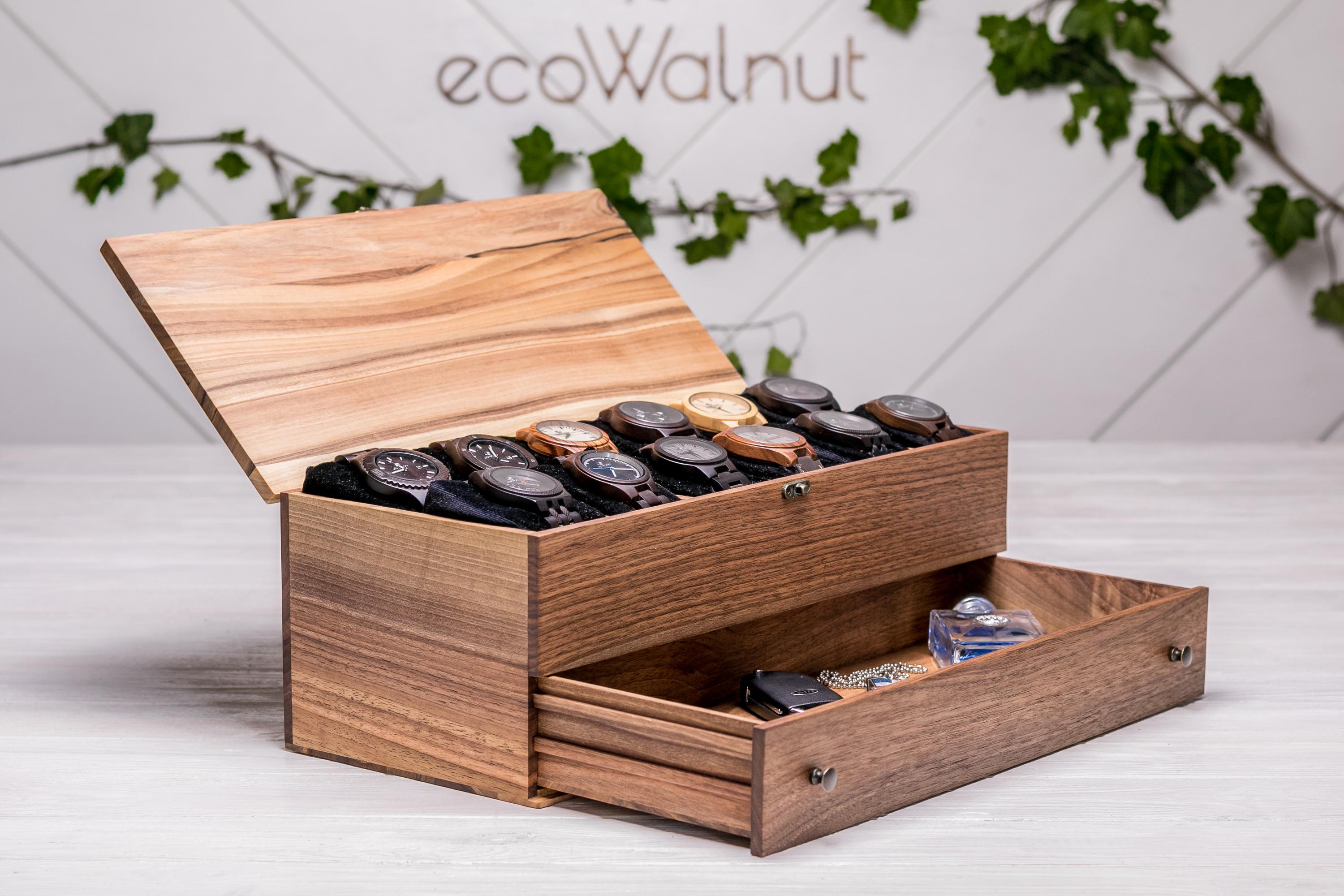 Коробочка EcoWalnut для 12 годинників з дерев'яною кришкою з ящиком (EB-6.5) - фото 4