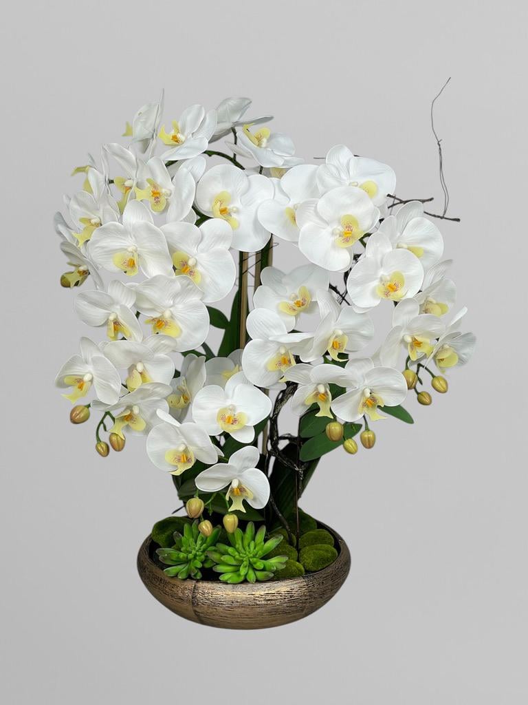 Композиция из латексных мини-орхидей Premium на 5 веточек в золотом пластиковом кашпо Белый (А152)