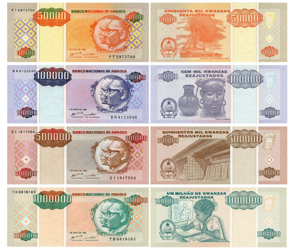 Коллекционный набор из 4 банкнот Ангола 1 995 UNC 50000/100000/500000/1000000 (P138-P141)