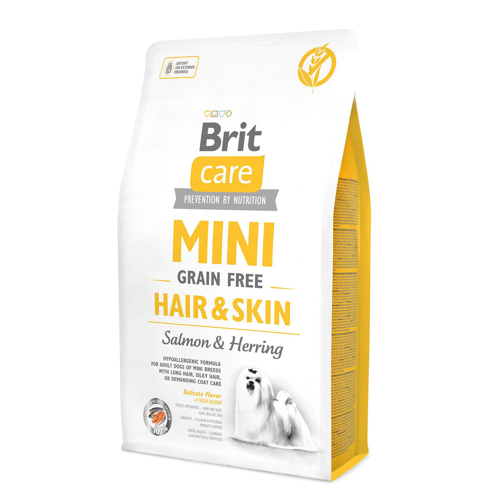 Корм сухой Brit Care Mini Grain Free Hair&Skin для взрослых собак миниатюрных пород 2 кг (8595602522613/8595602520220)
