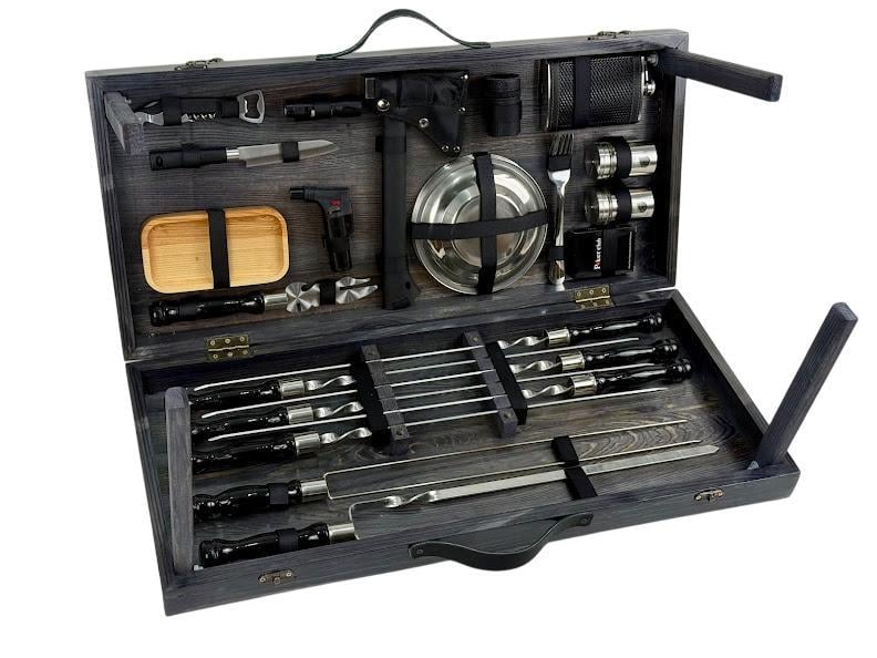 Набір шампурів подарунковий Богатир великий з нержавіючої сталі в дерев'яному кейсі Чорний (21-10-KS-7514)