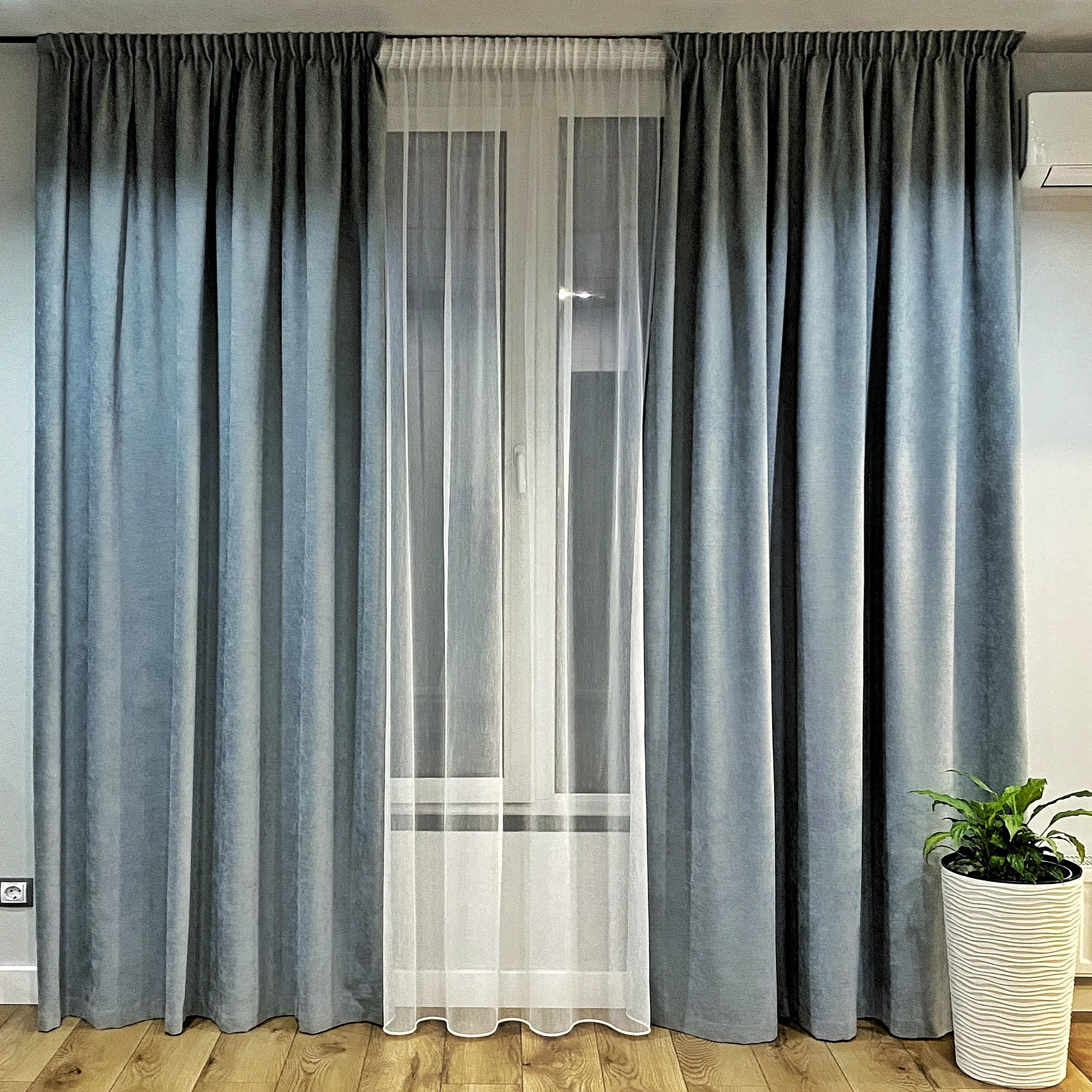 Шторы на тесьме 300х250 см микровелюр 2 шт. и тюль бамбук 400х250 см Серо-синий/Теплый Белый (402114-МТ201В/300-400) - фото 1