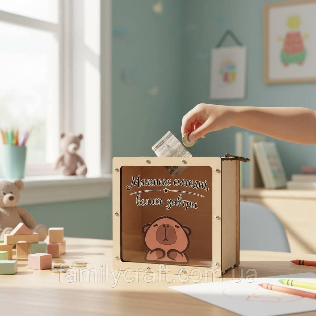 Копилка деревянная с Капибарой Маленькое сегодня-большое завтра 19х19х10 см с ключиком (2966541043)