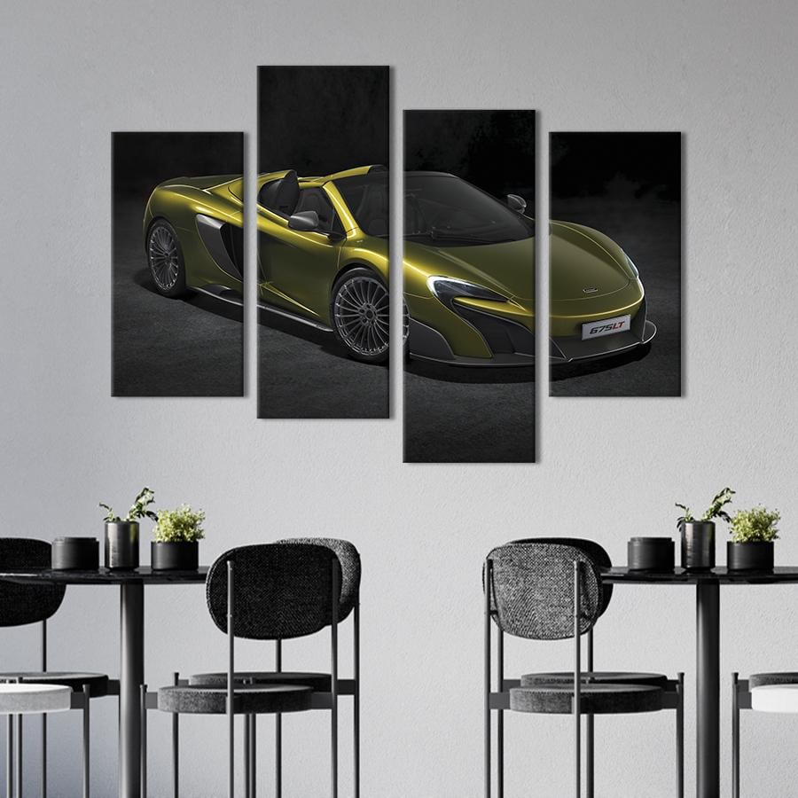 Картина на холсте Сияющий оливковый суперкар McLaren 675LT 149x106 см (1361-42)