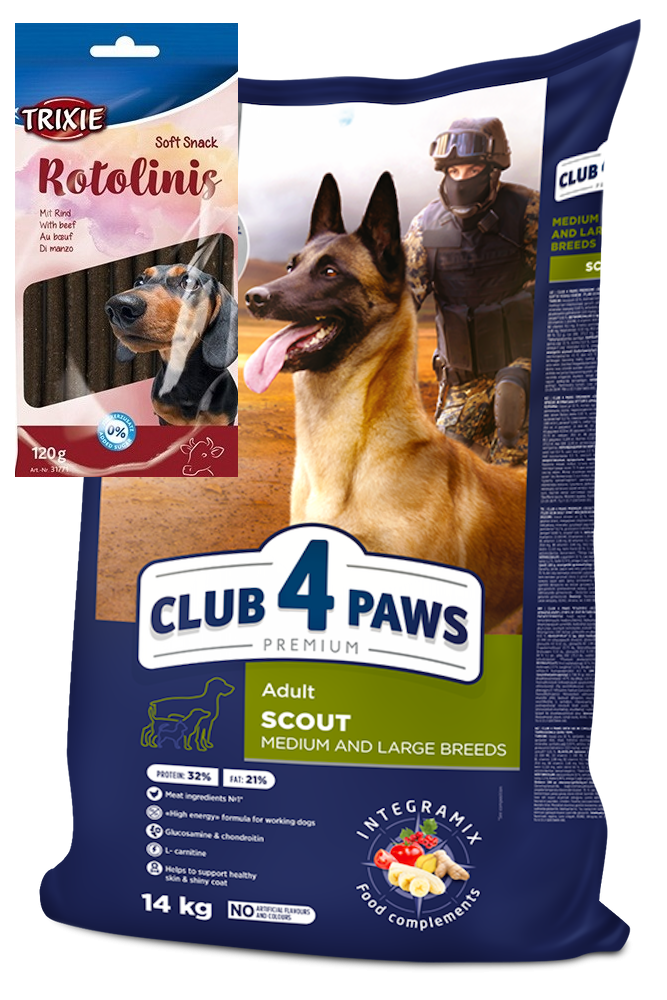 Полнорационный сухой корм Клуб 4 Лапы премиум скаут для взрослых собак средних и крупных пород 14 кг и палочки с говядиной 120 г