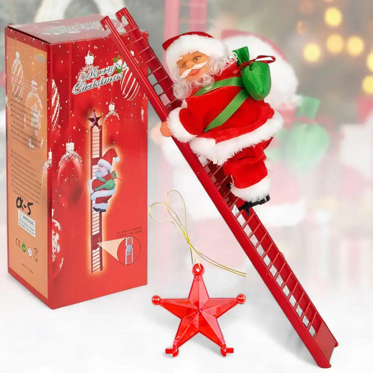 Игрушка Санта Клаус 19 см на лестнице 67 см с мелодией Jingle Bells на 2 батарейках AA (CX-5)
