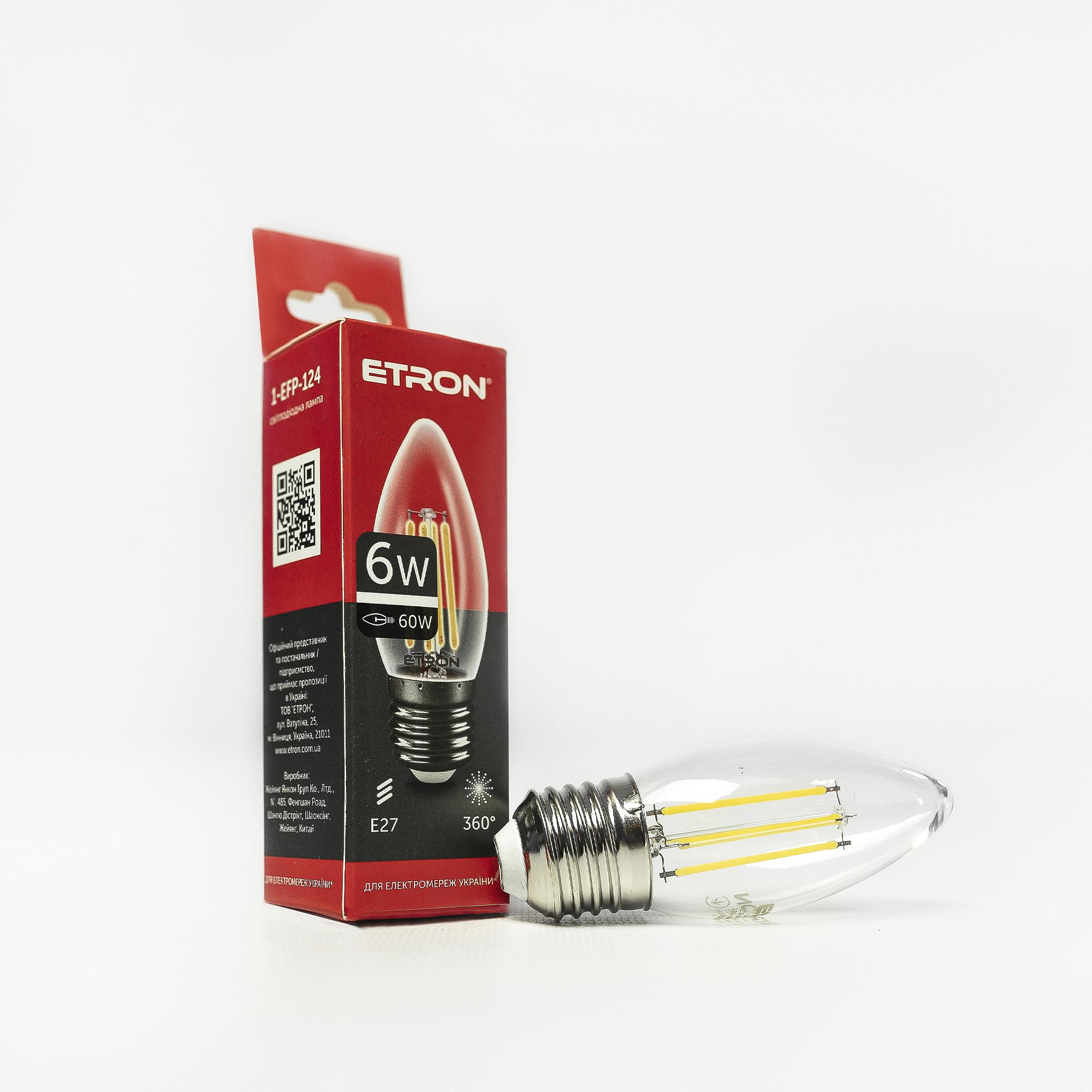 Лампа LED ETRON Filament С37 E27 6W 4200K прозрачное стекло (1-EFP-124)