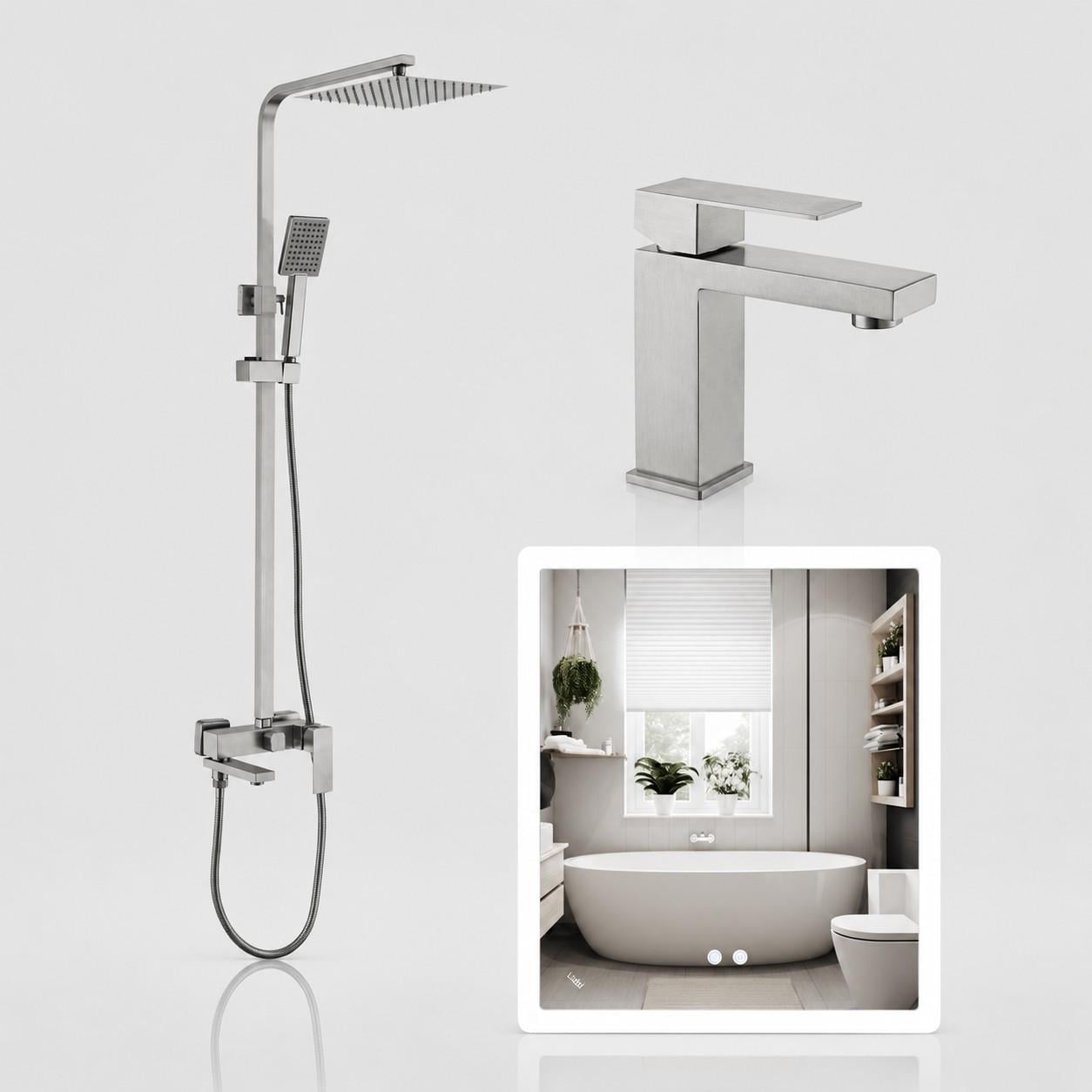 Комплект готовий для ванної кімнати Lidz Helix Nickel LED дзеркало Kubis 700х800 мм Душова система 3в1 та змішувач для раковини
