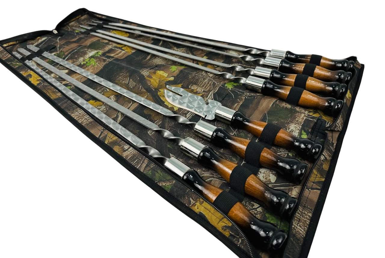 Набор шампуров комбинированный Премиум 8 предметов для пикника с вилкой-ножом из нержавеющей стали в чехле 65 см Черно-коричневый (124-10-NB-2284)